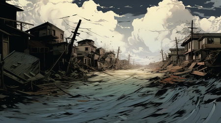an abandoned industrial town, captured in the expressive manga style of joo artur da silva, showcases stormy seascapes and dusty piles. the hyper-detailed artwork resembles a comic book-like scene, with trees and bushes growing amidst the tumblewave. ai generatedの素材