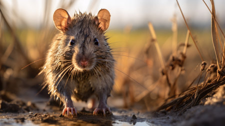 a little rat with its tail raised walks through a muddy puddle, showcasing shiny eyes and a backlight. the frontal perspective and focus stacking techniques enhance the emotional impact rather than realism. the rat's surroundings include tangled nests, with a color palette of dark orange and sky-blue. ai generatedの素材