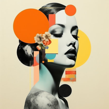 a woman with flowers on her head is depicted in this portrait, showcasing a style of geometric abstractions. the vibrant colors of orange and beige create a bold and graphic effect. the artwork features layered images and colorful installations, resulting in a balanced composition. this tondo piece is a captivating example of contemporary art. ai generatedの素材