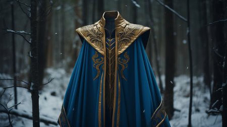 a blue suit stands out in the snowy forest, showcasing a dark azure and gold color scheme. the medieval-inspired attire features hyper-realistic details, creating a kingcore aesthetic. the combination of dark gold and dark cyan adds depth to the exquisite clothing detail. captured with a voigtlander bessa r2m camera. ai generatedの素材