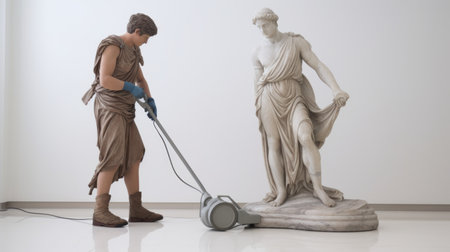 a man cleaning a neo-classical statue displayed in a room, showcasing photorealistic accuracy. the statue, restored and repurposed, reflects the influence of roman art and architecture. the image captures the concept of appropriation, while the vibrant velvia colors add depth to the composition. ai generatedの素材