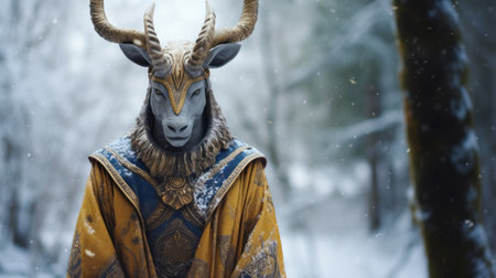 a majestic deer with impressive horns stands gracefully outdoors, exuding a baroque sci-fi vibe. the intricate costumes and cinematic stills capture the essence of this unique style. the light indigo and gold hues add a touch of elegance to the snow scenes, beautifully captured with the fujifilm x-t4 camera in stunning close-up detail. ai generatedの素材