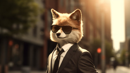 the fox is depicted wearing a suit, set against a backdrop of photorealistic urban scenes. the image features retro filters, ray tracing, and multiple filter effects, creating a unique visual style. the warmcore tones add depth to the composition, while the eco-friendly craftsmanship and kawaiipunk elements enhance its overall appeal. ai generatedの素材