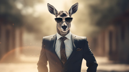 the deer, adorned in an elegant suit and tie, exudes a surreal urban vibe as it confidently dons a pair of sunglasses. this soft-focus portrait, captured with innovative techniques, showcases the unique blend of wildlife photography and artistic expression. with its impeccable style and captivating presence, this daz3d creation stands out as a contest winner in the realm of fashion-forward wildlife imagery. ai generatedの素材