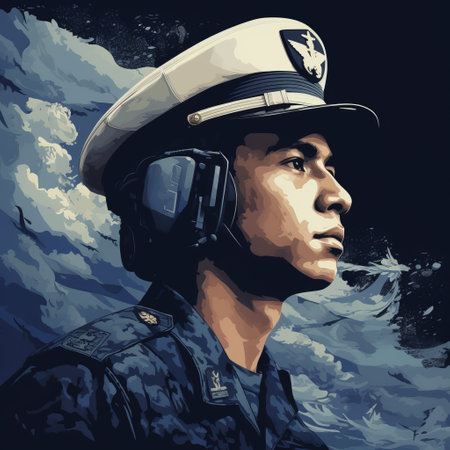 a black and white portrait of a us navy sergeant is displayed on a sunny pier, facing the sky. the artwork, created in the style of digital painting, showcases indonesian art influences with its dark cyan and navy color palette. this high-angle, close-up shot captures the illustration's flat and graphic aesthetic. ai generatedの素材