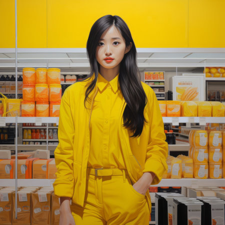 naikhyun's solo artwork for tampon ads showcases a studio portrait in the style of a photorealist painter. the vibrant colors of yellow and orange create a grocery art aesthetic, while the luminous reflections add depth and realism. the sharp focus and photorealistic pastiche make this artwork truly captivating. ai generatedの素材