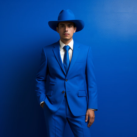 a man wearing a hat stands confidently against a vibrant blue wall in this studio portrait. inspired by the artistic styles of sacha goldberger and kent monkman, the image features a monochromatic color scheme and showcases colorful costumes. the portrait exudes a smooth and polished aesthetic, reminiscent of traditional western-style portraits. ai generatedの素材
