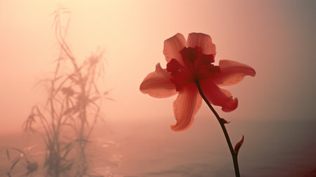 a large flower with roots is captured in a romantic soft focus and ethereal light, showcasing shades of light red and crimson. the calm waters surrounding the flower add to the serene atmosphere. this captivating image, found on flickr, combines atmospheric installations and the use of cinema4d to create a stunning visual effect reminiscent of schlieren photography. ai generatedの素材