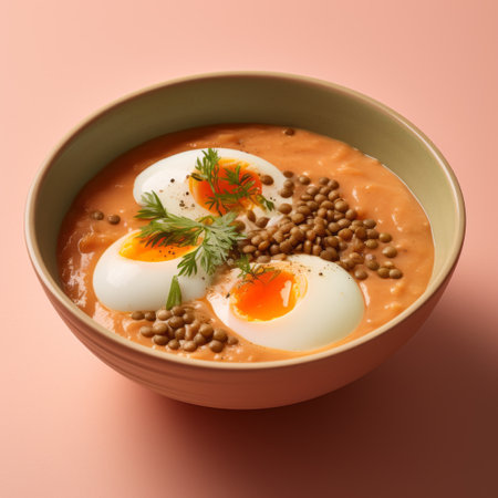 a bowl of lentil soup sits on a pink background, captured in the style of meticulous photorealistic still lifes. the light gray and orange hues create a visually pleasing contrast. this bunnycore-inspired image exudes a smooth and polished aesthetic, taken with a rollei prego 90 camera. the photo evokes a sense of understated sophistication amidst a heatwave. ai generatedの素材