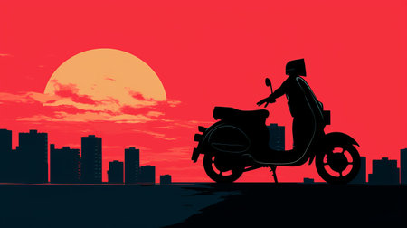 a man rides a scooter in a retro-futuristic cyberpunk style, against the backdrop of italian landscapes. the image is enhanced digitally, showcasing a superflat style with a combination of light red and dark black tones. the cinematic effect is further enhanced by the use of cinestill 50d film. ai generatedの素材