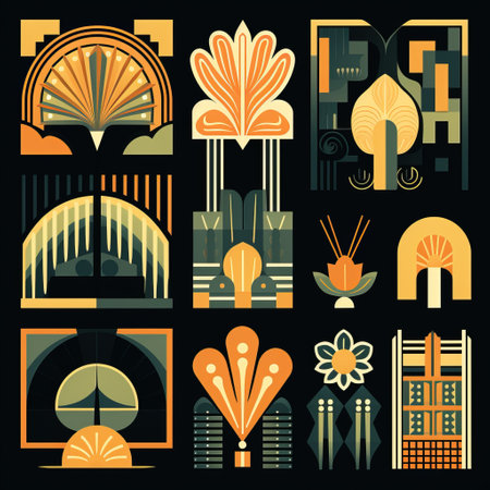 a collection of art deco icons featuring urban landscapes, detailed botanical illustrations, and elaborate facades. the design showcases a striking combination of orange and black with accents of dark teal and light yellow. the graphic arrangements and dense composition create a visually captivating and meticulously crafted artwork. ai generatedの素材