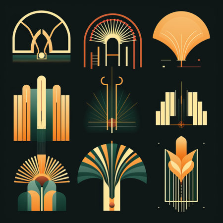 art deco elements featuring green, orange, and yellow hues are showcased in this monochromatic graphic design. the dark symbolism and minimalist stage designs create a captivating atmosphere. the artwork is presented in album, folio, and fan formats, with a combination of light orange and dark blue tones. graceful sculptures and silhouette lighting add an elegant touch to the composition. ai generatedの素材