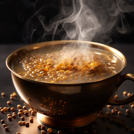 golden bowl filled with chia seeds, placed against a backdrop of swirling smoke. the composition exudes a luxurious drapery style, reminiscent of the works of stephen shortridge and louis comfort tiffany. the image captures the essence of celestialpunk and steampunk aesthetics, with dotted patterns adding a touch of intrigue. this captivating photo showcases the beauty and versatility of chia seeds. ai generatedの素材