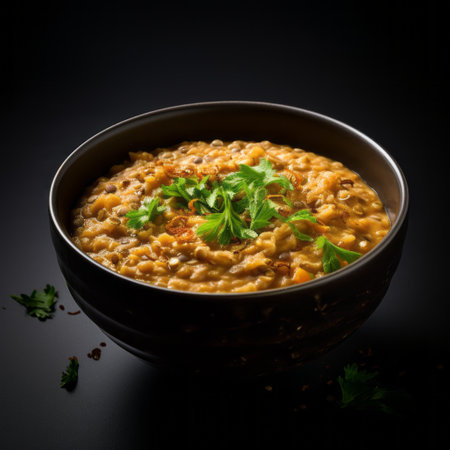 mung bean soup, a vegetarian dish, is beautifully presented in a black bowl in this flat lay photograph. the image showcases the soup in a digitally enhanced style, with a dark amber and bronze color palette. captured using the laowa 100mm f/2.8 2x ultra macro apo lens, the photo highlights the full body of the soup, revealing its layered fibers. softbox lighting adds a warmの素材