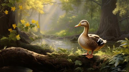 a duck perched on a log amidst a blooming forest, captured in a hyper-detailed and realistic style reminiscent of kevin hill's speedpaintings. this uhd image showcases the artist's skill in portraying light and shadow, while also capturing the playful essence of animals through a touch of cartoon-like charm. ai generatedの素材