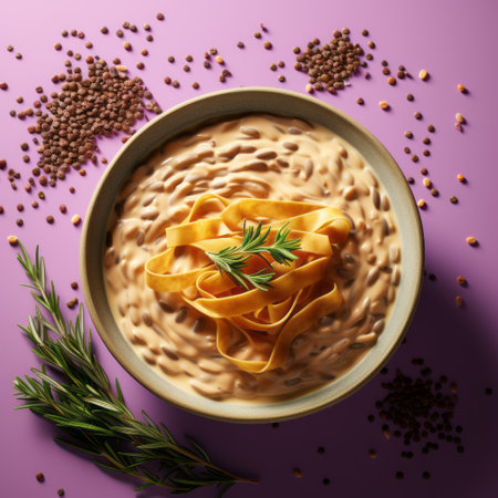 egyptian noodle dish with a drizzle of black sesame oil and a sprinkle of pine nuts, showcased against a vibrant purple background. this photorealistic rendering captures the intricate details of the dish, highlighting its texture-rich composition. the use of a hasselblad h6d-400c camera ensures a high-quality, ultra-high-definition image. the combination of light orange and beige hues adds to the visually appealing and flowing textures ofの素材