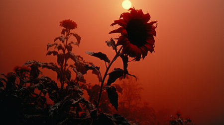 autumn stormy sky featuring a vibrant red sunflower captured with the iconic graflex speed graphic camera. the misty atmosphere and luminous shadowing add a touch of mystery to this vanitas-inspired composition. shot on kodak tmax p3200 film, the orange hues create a captivating contrast against the dramatic backdrop. a stunning national geographic-worthy photo. ai generatedの素材