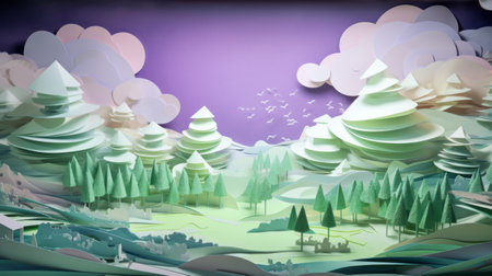 a forest scene featuring paper sculptures of trees and birds in the background. the artwork showcases a combination of light purple and light emerald colors. with a resolution of 32k uhd, the image captures the beauty of mountainous vistas. the scene has a storybook-esque feel and includes interactive exhibits. it also depicts the charm of inclement weather. ai generatedの素材