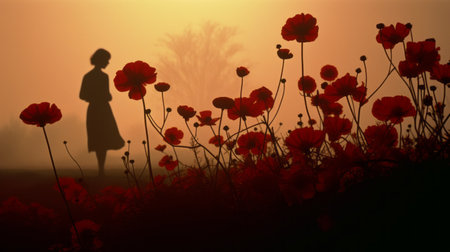a woman stands amidst a captivating field of red poppies, creating an eerie dreamscape in this associated press photo. the image showcases a blend of light orange and light bronze hues, evoking chinese cultural themes. silhouette figures add a mysterious touch to the enchanting scene. ai generatedの素材