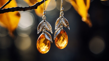 leaf-shaped cz earrings in orange glass, adorned with silvery leaves, dangle gracefully from a tree. this high-quality photo captures the essence of art nouveau with its realistic still life composition, dramatic lighting, and golden light. the selective focus adds depth, while the dark yellow hues enhance the gemstone's beauty. ai generatedの素材