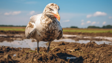a small seagull perched on rusty debris, gazes out over an inland field on a sunny day. this national geographic-style photo captures the soggy, extreme angle and exaggerated poses of the seagull. inspired by marine biology, the image combines witty and clever cartoons to create a unique and captivating composition. ai generatedの素材
