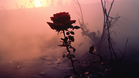 a rose stands tall amidst a foggy morning in a field, creating a captivating scene of natural beauty. the flowing silhouettes and romantic riverscapes reminiscent of michael whelan's style add an enchanting touch to this photograph. the dark amber and crimson hues evoke a sense of mystery and passion, enhancing the romantic and dramatic landscapes captured in this image. ai generatedの素材
