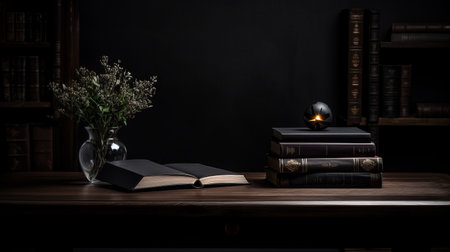 a dark atmosphere surrounds the room, with a book on a table as the captivating centerpiece. the exquisite craftsmanship of the book is highlighted by the tamron 24mm f28 di iii osd m12 lens, capturing the dark gray and dark black tones. the renaissance-inspired setting is enhanced by the tokina at-x 11-16mm f28 pro dx ii lens, creating a minimalistic serenity. ai generatedの素材