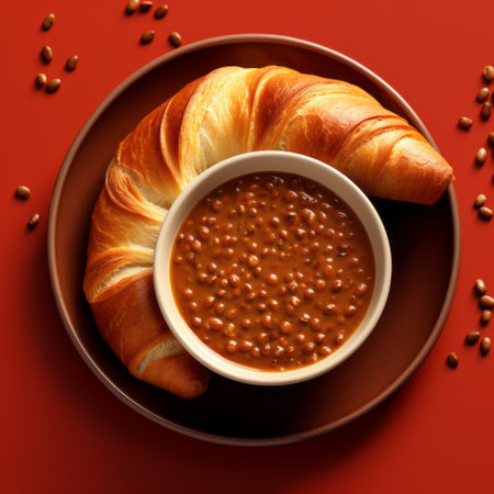 a plate of hummus and pastries, arranged in a pointillist optical illusion style. the dish features vibrant red and brown colors, created using photobashing techniques. the smooth lines and monochromatic color scheme add to the artistic appeal. this captivating photograph is the work of french artist sacha goldberger, known for his unique and creative approach to food photography. ai generatedの素材