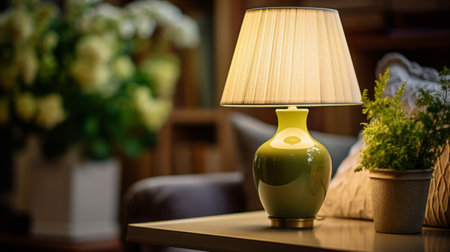 a lamp with a green lampshade and a green plant sits on a table. the image, in the style of dark yellow and light beige, showcases a soft-focus technique. it is a uhd image featuring a ceramic lamp. the artwork is by edward poynter and is characterized by glowing colors. the selective focus adds depth to the composition. ai generatedの素材