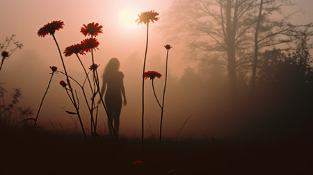 a captivating dark field of flowers, captured with a pentax 645n camera, showcases a dream-like haze and silhouette figures. the light red and bronze tones, along with the claire-obscure lighting, create a serene solitude. this mesmerizing image, reminiscent of a painting, is an associated press photo that evokes a sense of enchantment and tranquility. ai generatedの素材