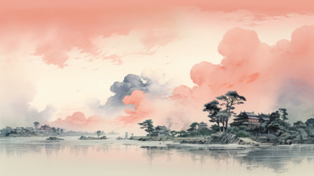 a stunning 8k resolution watercolor painting captures a city nestled by a serene lake, adorned with fluffy clouds. inspired by the minimalistic japanese style, this artwork showcases a romanticized depiction of wilderness. with a color palette of light pink and orange, it evokes a sense of tranquility and beauty. influenced by the works of uemura shoen and traditional oceanic art, this piece is a captivatingの素材