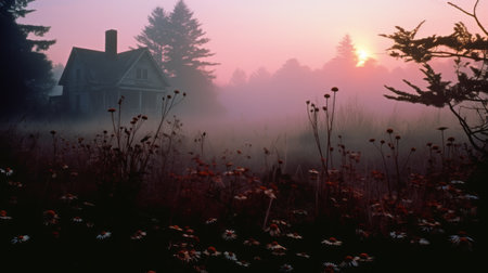 an abandoned house stands alone in a vast field, surrounded by a serene blue sky and a mysterious fog. this captivating photograph, reminiscent of michael eastman's style, showcases flower and nature motifs in shades of light crimson and purple. with a naturalist aesthetic, the coastal scenery adds to the allure. shot with a pentax 645n, this image evokes the spirit of granville redmond. ai generatedの素材