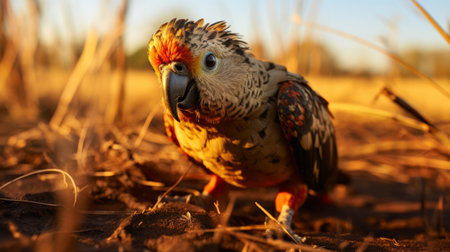 a cockatiel, known for having the largest eyes in the world, perches on a vast expanse of grass. the photo captures the bird in a candid moment, illuminated by a warm, golden light that enhances the dark amber and crimson tones. this high-resolution, ultra-high-definition (8k) image showcases the tropical baroque style reminiscent of gerard sekoto's work. ai generatedの素材