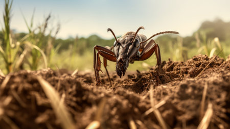 close-up of an insect in the dirt, showcasing intricate details through the wide-angle lens style. this backlit photograph, inspired by the works of mike campau and kyffin williams, captures the essence of rural life. with elements of ray tracing, this image beautifully depicts the tiny creature in its natural habitat. ai generatedの素材