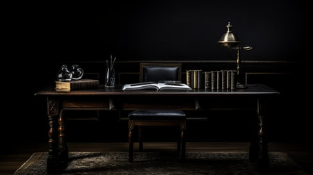 a dark room featuring an old table adorned with books and a lamp, showcasing polished craftsmanship. captured with the carl zeiss distagon t 15mm f/2.8 ze lens, this uhd image presents impressive panoramas. the timeless elegance of the study place is enhanced by the black background. ai generatedの素材