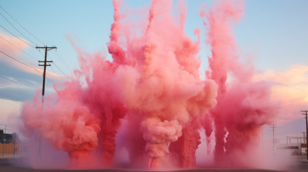 colored smoke rises above buildings, resembling petrina hicks' floral explosions. the light red hues evoke martin creed's artistic style, while the close-up intensity captures scarlett hooft graafland's surreal seascapes. ai generatedの素材