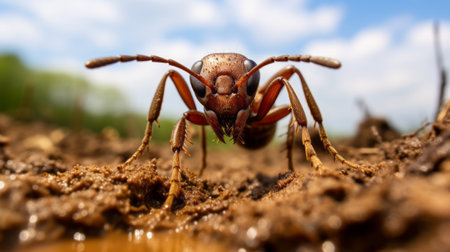 a large ant, with exaggerated facial features, is seen digging in mud. the photo, captured using a wide-angle lens in the style of lensbaby optics, showcases the ant's activities. the lighting creates a warm and vibrant atmosphere with maroon and amber tones. the ant's unique appearance and the use of bentwood, rubber, and rtx technology add an interesting touch to the image. ai generatedの素材