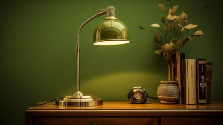 a green light shines through the twigs, positioned on a small table, exuding a retro charm. this object portraiture specialist captures the metallic rotation with a classical style. the electric color schemes add a vibrant touch to the smooth and polished composition, creating an academic aesthetic. ai generatedの素材