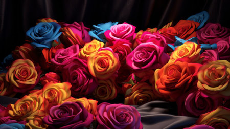 colored flowers arranged on a large purple cloth, in the style of daz3d, featuring light red, dark cyan, dark yellow, and dark pink hues. this romantic illustration showcases highly realistic details against a black background. ai generatedの素材