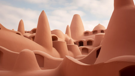 a 4k digital image of a desert town called odile saiz in morocco, rendered in 3d by max petersen. the image showcases surrealistic ceramic sculptures with minimalist backgrounds, featuring irregular organic forms and photo-realistic landscapes. the color palette consists of light red and light beige, reminiscent of buddhist art and architecture. the use of lensbaby optics adds a unique touch to the overall composition. aiの素材
