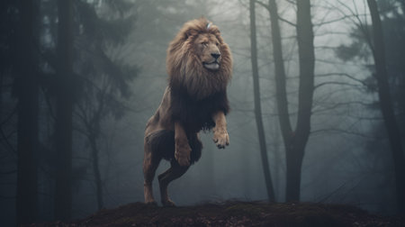 a lion, captured in a dynamic pose, stands in the rain-soaked woods near the fog. this captivating image showcases the precarious balance of nature and the raw power of the king of the jungle. with its strong emotional impact, this photo is a contest winner, depicting animals in a knightcore style. ai generatedの素材