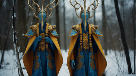 two witches, dressed in horns, stand in the snow. the dark aquamarine and gold color scheme adds a mystical touch to the scene. rendered in cinema4d, these captivating documentary photos showcase nature-based patterns and hand-painted details by jarosaw janikowski. the ethereal trees create an enchanting atmosphere. ai generatedの素材