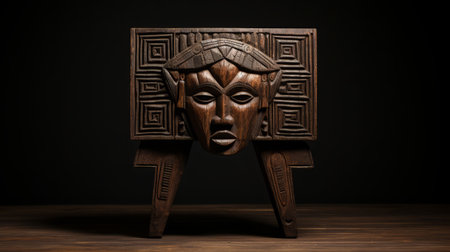 a carving of a mandobe mask console, inspired by afro-colombian themes and created in the style of vray tracing. this unique piece by sacha goldberger combines geometric aesthetics with mythological storytelling, showcasing rustic textures and historical imagery. ai generatedの素材