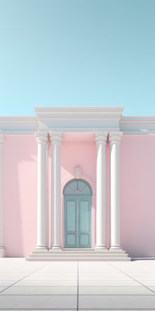 a pink building with columns and a front door, rendered in cinema4d, showcases rococo pastel hues and playful minimalism. the light white and light cyan colors add a touch of vintage aesthetics to the functional and rounded design. ai generatedの素材