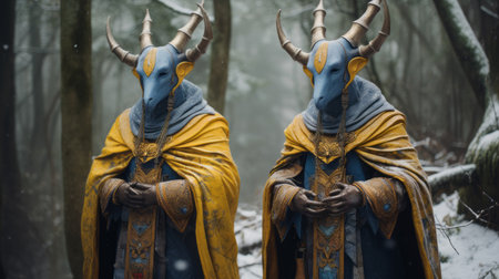two captivating documentary photos showcase two monsters standing in the snow. these creatures, adorned with long horns, are depicted in the style of golden age aesthetics. their detailed costumes, featuring shades of yellow and indigo, evoke a reimagined religious art. the serene backdrop of silence is enhanced by the contrasting hues of gray and azure. ai generatedの素材