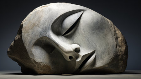 a rock sculpture depicting a circular rock with expressive facial features. the sculpture showcases smooth and curved lines, creating a sense of shadowy stillness. it incorporates trompe-l'oeil illusionistic details and cubist faceting, resulting in emotional expressions that evoke a strong emotional response. ai generatedの素材