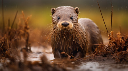 an otter, captured in the style of raphael lacoste, stands gracefully in muddy water. this macro photograph, inspired by adrianus eversen, showcases the otter's charming character. the image, created using photobash techniques, is rendered in stunning 32k uhd resolution by veronika pinke. ai generatedの素材