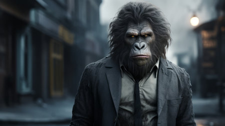 a gorilla in a suit and tie stands in the street, showcasing detailed character expressions. this unique artwork, reminiscent of matte painting, features digital airbrushing techniques and a touch of furaffinity. the matte photo style enhances the overall aesthetic, with shades of gray adding depth to the composition. ai generatedの素材