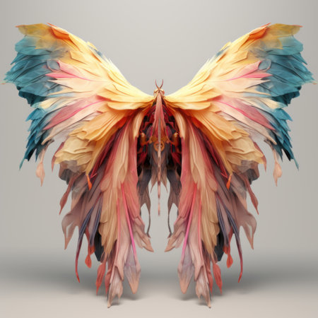 a vibrant butterfly adorned with leaves, resembling ethereal sculptures. created using zbrush, this conceptual art piece features a naturalistic color palette and is made entirely of feathers. with its angelcore aesthetic and life-like avian illustrations, this butterfly is a captivating work of art. ai generatedの素材