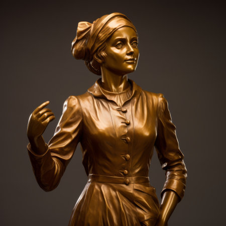 a bronze statue of a lady holding a hat, showcasing a realistic hyper-detailed rendering. this statue pays homage to an animated film pioneer and incorporates elements of portrait miniatures. with blink-and-you-miss-it detail, it stands as a testament to faith-inspired art and holds historical significance. the statue also captures depictions of labor in a captivating manner. ai generatedの素材